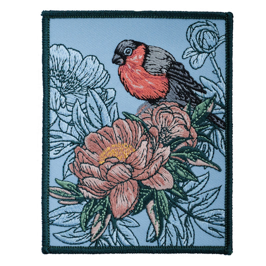'Fortunate' Bullfinch & Peony Embroidered Patch