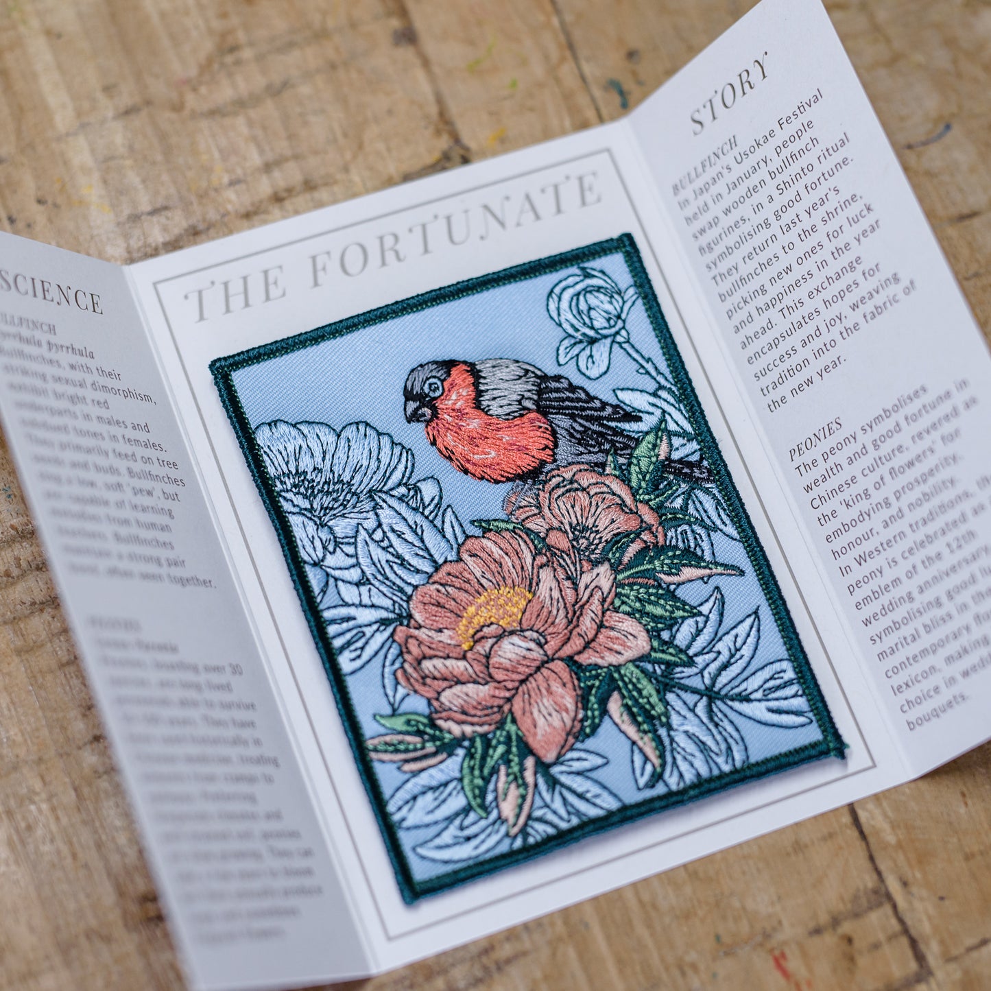'Fortunate' Bullfinch & Peony Embroidered Patch